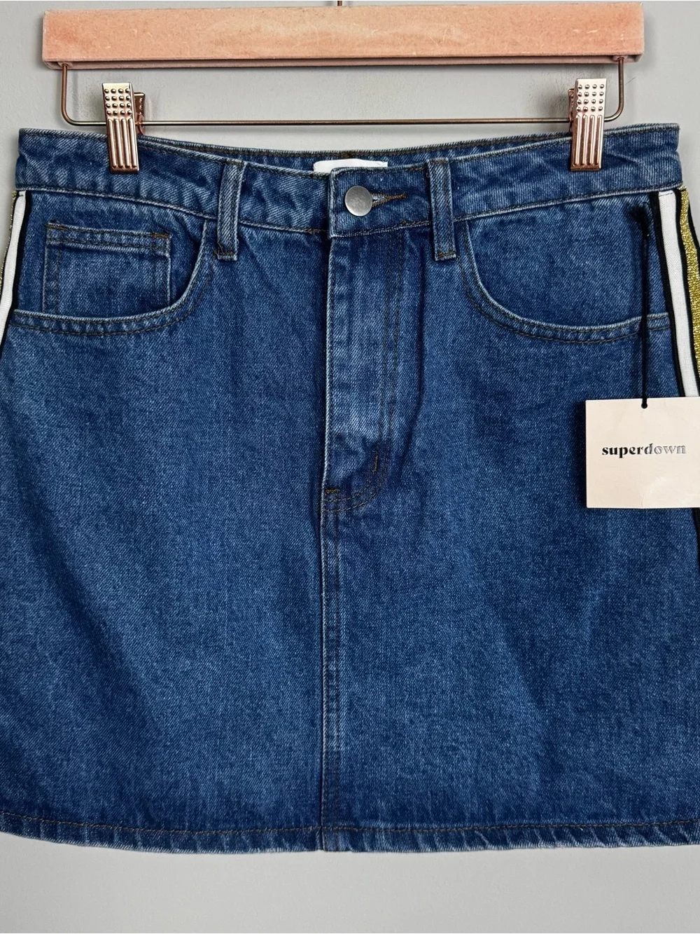 SUPERDOWN | NEW Revolve Denim A-Line Mini Skirt with Side Stripes Women’s Size L